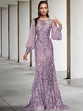 economico Lunghezza del pavimento-Abito madre della sposa a sirena per invitati a matrimoni elegante brillante scollo gioiello strascico/traine in chiffon maniche lunghe con applicazioni in paillettes 2025 taglia personalizzata