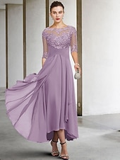 voordelige Vloerlengte-A-Lijn Moeder van de Bruid Jurk Bruidsgast Elegant Plus Size Hoog Laag V-Hals Asymmetrisch Enkel Lengte Chiffon Kant Halve Mouw met Beading Applicaties gratis maatwerk