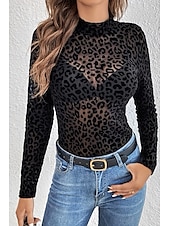 billige Sexy topper for kvinner-Dame Skjorte Bluse Leopard Stilfull Moderne Langermet Høyhalset Vanlige topper Daglig Ferie Netting Svart Sommer