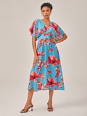 abordables Robes fleuries élégantes-robe midi élégante à fleurs bleues et col en V pour l&#039;été