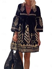 abordables Robes Boho-Femmes Mini Robe Robe trapèze Occasionnel Extérieur Sortir Coupe régulière Graphique Géométrique Manche 3/4 Col en V Noir Été