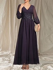 abordables Longueur du thé-Robe Mère de la Mariée A-Line Invité de Mariage Élégante Col en V Mi-Longue en Chiffon À Manches Longues avec Perles Appliques Robe Midi 2025