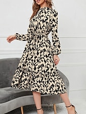 preiswerte Kunst &amp; Design Kleid-Damen Midi-Kleid A-Linie Kleid Fit And Flare Kleid Urlaub Lässig Alltag Reguläre Passform Grafisch Langarm Hemdkragen Schwarz Sommer
