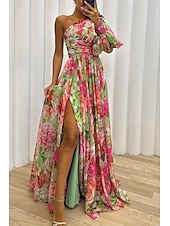 cheap Elegant Floral Dresses-Women&#039;s Long Dress Maxi Dress Prom Dress Party Dress Print Dress Elegant Fashion Party Special Occasion Regular Fit Flower Long Sleeve One Shoulder Yellow Purple Green Summer
