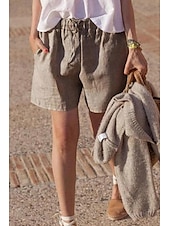 billiga Shorts i bomullslinne-Dam Shorts i bomullslinne Shorts Byxor Streetwear Ledigt Kort Naturlig Slät Ficka Mateial som andas Mjuk Bekväm Microelastisk Ledigt Dagliga kläder Grå Svart Vit Kaki Sommar Normal