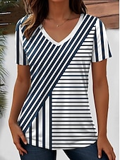 billige Stripe og geometrisk t-skjorte-Dame T skjorte hav Stripet Fritid Kortermet V-hals Vanlige topper Daglig Ut på byen Helg Trykt mønster Blå Sommer