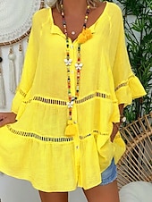 preiswerte Kleider-Damen Mini Kleid Shift Kleid Rüschendress Puffärmel Kleid Leinen Casual Täglich Urlaub Regelmäßige Passform Grafik 3/4 Ärmel V-Ausschnitt Weiß Gelb Rot Braun Sommer