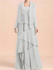 economico Con giacca-Abito A-Line 3 Pezzi per la madre della sposa Abito formale Elegante Vintage Semplice Girocollo Lunghezza fino al pavimento Chiffon Senza maniche Giacca con perline