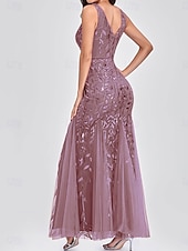abordables Longueur du plancher-Sirène / Trompette Robes pour invités de mariage Élégant Robe robe demoiselle d honneur Longueur au sol Sans manches Col en V Dentelle avec Appliques 2025