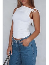 billige Bluser og skjorter-Dame Bluse عادي Fritid Ermeløs Crew-hals Vanlige topper Daglig Ferie Rynket Svart Hvit Gul Rød Brun Sommer