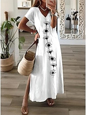 cheap Floral Dress-Women&#039;s Maxi Dress A Line Dress Vacation Casual Beach Vacation Daily Going out Regular Fit Floral Graphic Short Sleeve V Neck White Spring Fall