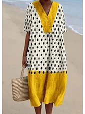 abordables Robes Rayés et Géométriques-Robe Midi Femme Robe de Plage Robe en A Robe en Lin Vacances Casual Plage lin comme Sortir Ajustement Lâche Graphique Géométrique À Manches Courtes Col en V Jaune Clair Jaune Foncé Jaune Été