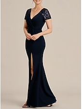 abordables Robes pour invitées de mariage-Sirène / Trompette Robes pour invités de mariage Élégant Robe robe demoiselle d honneur Longueur au sol Manche Courte Col en V Invité de mariage d&#039;automne Dentelle avec Froncé Fente 2025