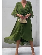 abordables Robe de cocktail-Femme Robe mi-longue robe cocktail Robe d&#039;été Mode Manche Chauve-souris Vacances Rendez-vous Sortie Standard Plein Demi Manches Col V Bleu Violet Vert Printemps