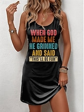 cheap Humor&amp;Quotes Dress-Women&#039;s GOD Mini Dress A Line Dress Summer Dress Off The Shoulder Dress Casual Party Daily Holiday Loose Fit Graphic Letter Sleeveless U Neck Black White Pink Blue Summer