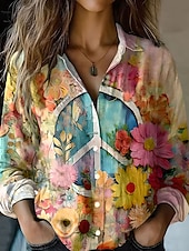 ieftine Topuri florale-Pentru femei Cămașă Floral Grafic Casual Manșon Lung Guler Cămașă Topuri obișnuite Muncă Zilnic Nasturi Imprimeu Negru Galben Roz Îmbujorat Albastru piscină Trifoi Primăvară Toamnă Iarnă