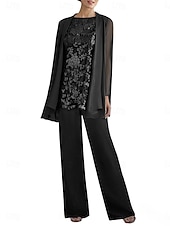 preiswerte Unter 129,99 $-Dreiteilig Hosenanzug Brautmutterkleid Elegant Rundhalsausschnitt Bodenlang Polyester Langarm mit Perlenstickerei 2025