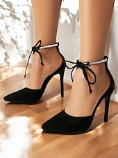 cheap Stiletto Heels-Women&#039;s Black Suede Pointed-Toe Stiletto Heels with Rhinestone Ankle Strap – Elegant Evening &amp; Date Night Shoes