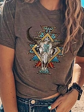 abordables T-shirt Boho-Femmes Hauts d&#039;été Graphique Tribal Mode Western Occasionnel Manche Courte Col rond Hauts Réguliers Quotidien Sortir Week-end Patchwork Imprimé Marron Été Printemps