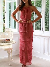 preiswerte Weiße Freizeitkleider-Damen kleid lang Zweiteiliges Kleid Sommerkleid skims dress Modisch Täglich Festtage Wochenende Regular Fit Glatt Ärmellos Spaghetti-Träger Schwarz Rote Blau Aprikose Sommer