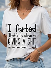 billige Humor og sitater t-skjorte-Dame Bluse Bokstaver Fritid Kortermet V-hals Vanlige topper Daglig Ut på byen Strand Klær Trykt mønster Svart Hvit Sommer