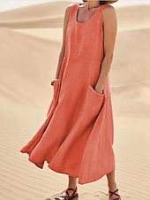 abordables Robes-Femmes Robe Midi Robes en coton et lin Robe en coton et lin Mode Classique Vacances Sortir Week-end Coupe régulière Uni Sans manches Col ras du cou Blanche Rose Claire Orange Kaki Été