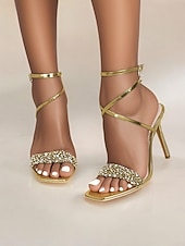 cheap Heeled Sandals-Women's Gold Rhinestone Strappy Stiletto Sandals - Elegant High Heels for Cocktail Parties &amp; Prom