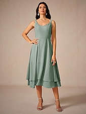 preiswerte Kleidersets-Damen Teelänge Chiffonkleid Elegant Fließend Hochzeitsgast Date Normale Passform Einfarbig Ärmellos Quadrathals Salbeigrün Sommer