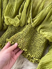 billiga Dressiga toppar-Dam Blus Chiffong toppar Slät Stylish Långärmad Puffärm V-hals Crop Tops Helgdag Utekväll Rynkad Svart Vit Purpur Grön Vår