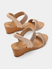 tanie Kobiety-damskie sandały na koturnie z kryształkami – brązowe, odkryte palce, elastyczne paski, wygodne buty na lato, okazje codzienne i eleganckie