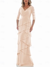 preiswerte Bodenlänge-A-Linie Kleid Brautmutterkleid Formell Elegant V Ausschnitt Bodenlang Chiffon Dreiviertelarm mit Stufen Kaskadierende Rüschen Einfarbig 2025