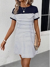 tanie Sukienka w paski i geometryczna-Kobieta Mini Sukienka Casual Sukienka T-Shirt Sukienka Tee Sukienka Sukienka Lato Elegancka Stylowa Formalna Wakacje Praca Casual Regularne Dopasowanie Graficzne Pasek Krótki Rękaw Okrągły Dekolt
