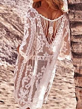 abordables Robes de plage-Maillots de bain pour femmes robe de plage couverture maillot de bain en dentelle patchwork vacances couleur unie col en V à manches longues