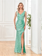 voordelige Schoolfeestjurken-Zeemeermin  Trompet Quinceañera Jurken Elegante Jurk Bruiloft Bruiloft Gast Vloerlengte Mouwloos V-Hals Polyester met Pailletten