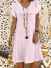 preiswerte Streifen- und geometrisches Kleid-Damen Mini Kleid A-Linien Kleid Lässiges Kleid Sommerkleid Stilvoll Lässig Täglich Regelmäßige Passform Grafik Streifen Kurzarm V-Ausschnitt Pink Blau Grau Sommer Frühling