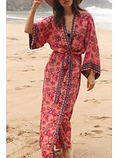 abordables Hauts de plage-Femmes Maillots de Bain Vêtement couvrant Maillot de bain Nœud devant Tropical Tenues de plage Fleur Fil en V manche longue Maillots de bain