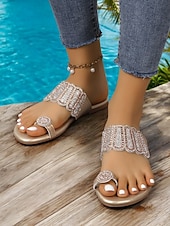economico Infradito scivolosi-sandali da donna con anello in strass per le dita dei piedi – eleganti scarpe basse slip-on con decorazioni scintillanti per l'estate, la spiaggia e l'abbigliamento casual chic