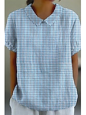 preiswerte Hemden-Damen Hemd Leinenhemd Baumwoll-Leinen-Hemden Karomuster Täglich Stilvoll Basic Kurzarm Hemdkragen Normale Oberteile Täglich Ferien Ausgehen Knöpfe Weiß Blau Leicht Blau Sommer