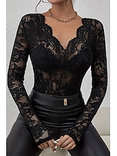 preiswerte Spitzenoberteile-Damen Spitzenhemd Bluse Glatt Stilvoll Langarm V Ausschnitt Normale Oberteile Täglich Ausgehen Spitze Schwarz Weiß Wein Sommer