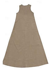 preiswerte Kleider-Damen Midikleid Leinen-inspirierte Kleider Freizeitkleid Baumwoll-Leinenkleid Sommerkleid Mode Basic Urlaub Täglich Ausgehen Normale Passform Einfach Ärmellos V Ausschnitt Leicht Braun Khaki Leicht