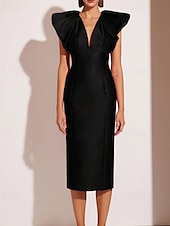tanie Sukienki koktajlowe-Sukienki koktajlowe typu sheath/kolumna elegancka formalna sukienka ślubna tea długości midi krótki rękaw dekolt w kształcie litery V różowa sukienka satynowa z fałdami