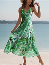 ieftine Rochii boho-Pentru femei Rochie Maxi Rochie casual Rochie A line Vacanță Epocă Έθνικ Zilnic Fit regulat Grafic Epocă Boem Fără manșon În V Roz Îmbujorat Albastru piscină Mov Trifoi Vară Primăvară Toamnă