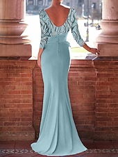 cheap BLUE-Sky Blue Mermaid / Trumpet Evening Gown Celebrity Style Dress Formal Wedding Guest Floor Length 3/4 Length Sleeve Boat Neck Satin with Bow(s) Beaded Gown