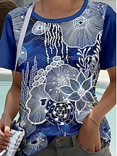 billiga Konst &amp; Design t-shirt-Dam T-shirt Blommig Grafisk Stylish Ledigt Kortärmad Rund hals Vanliga toppar Dagligen Helgen Mönster Marinblå Sommar Vår