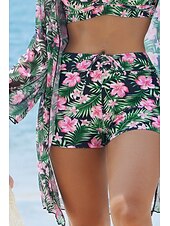 abordables Maillots de bain trois pièces-Femmes Maillots de Bain Trois Pièces Shorts Maillot de bain Tropical Tenues de plage Fleur Fil en V manche longue Maillots de bain