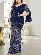 baratos AZUL-Vestido Plus Size Mãe da Noiva Vestido de Curvas Elegante Festa Decote em V Comprimento do Chão Spandex Manga Longa com Lantejoula 2025