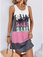 preiswerte Einfaches Kleid-Damen Mini Kleid Sommerkleid Urlaub Lässige Strand tägliche lockere Passform Herz Grafik ärmellos U-Ausschnitt Schwarz Sommer