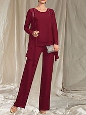 cheap Floor Length-Jumpsuit / Pantsuit 3 Piece Mother of the Bride Dress Wedding Guest Elegant Crew Neck Floor Length Chiffon Long Sleeve with Beading