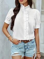 voordelige Dames eenvoudige tops-Dames Overhemd Gestreept Stijlvol Casual Korte mouw Overhemdkraag Normale tops Dagelijks Ruche Knop Afdrukken Wit Blozend Roze blauw Groen Zomer
