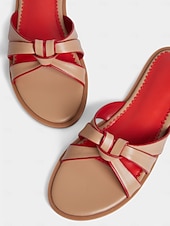 abordables Sandalias de Vestir-Sandalias planas para mujer en beige y rojo con tiras anudadas: zapatos casuales para el día a día y para citas de verano.